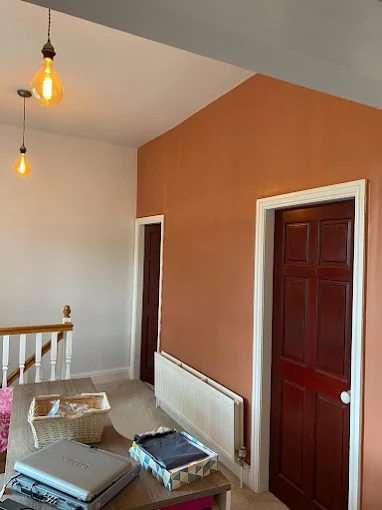 Landing painted in deep terracotta by Home Hues, contrasting white woodwork and dark-stained doors